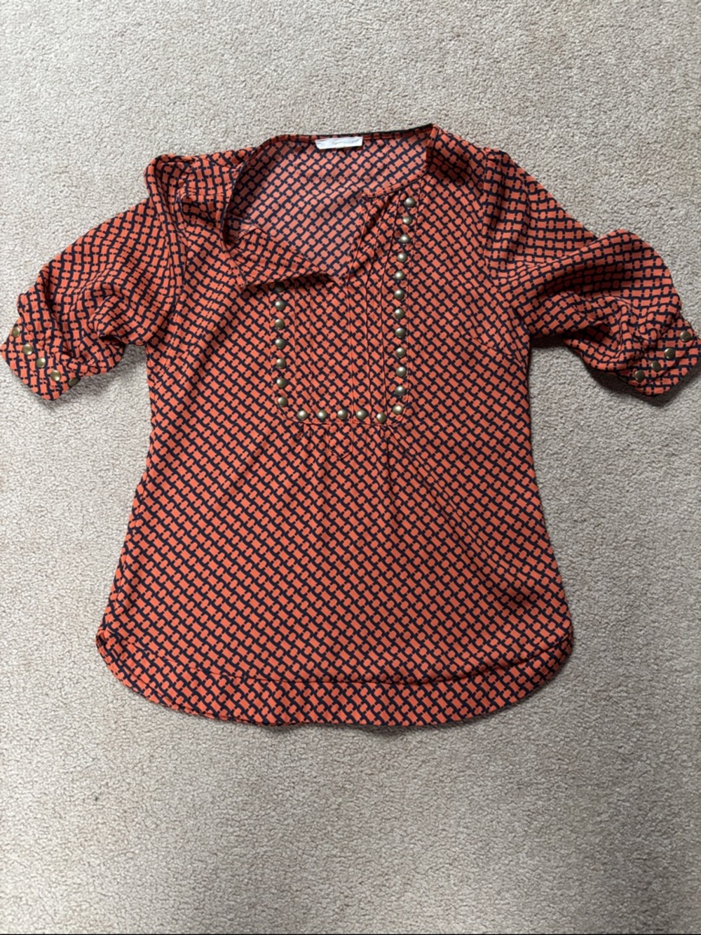41 Hawthorn Orange and Black Geometric Button-Trim Blouse